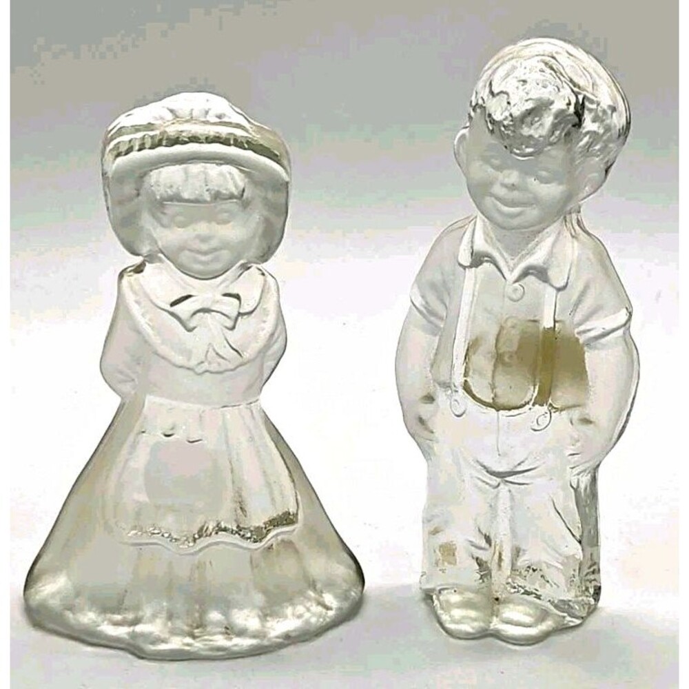 VTG Viking Glass 8" Country Boy & Girl Clear Frosted Bookends Paperweight Tags